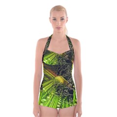 Electronics Machine Technology Circuit Electronic Computer Technics Detail Psychedelic Abstract Patt Boyleg Halter Swimsuit  by BangZart