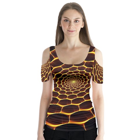 Honeycomb Art Butterfly Sleeve Cutout Tee  by BangZart