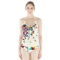 Retro Pattern Of Geometric Shapes Halter Swimsuit by BangZart