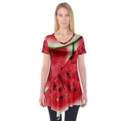 Fresh Watermelon Slices Texture Short Sleeve Tunic  by BangZart