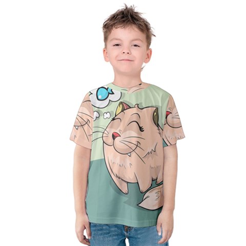 Cat Animal Fish Thinking Cute Pet Kids  Cotton Tee by Nexatart