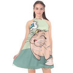 Cat Animal Fish Thinking Cute Pet Halter Neckline Chiffon Dress  by Nexatart