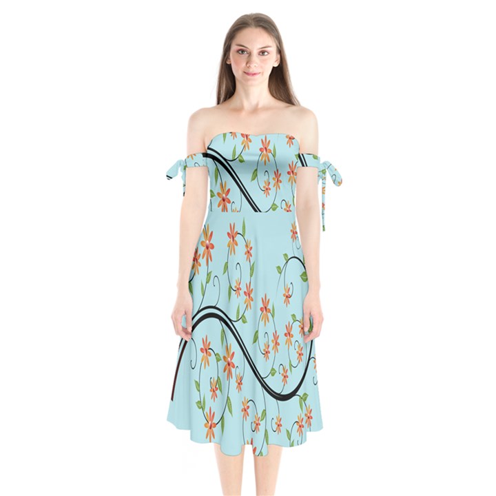 Branch Floral Flourish Flower Shoulder Tie Bardot Midi Dress