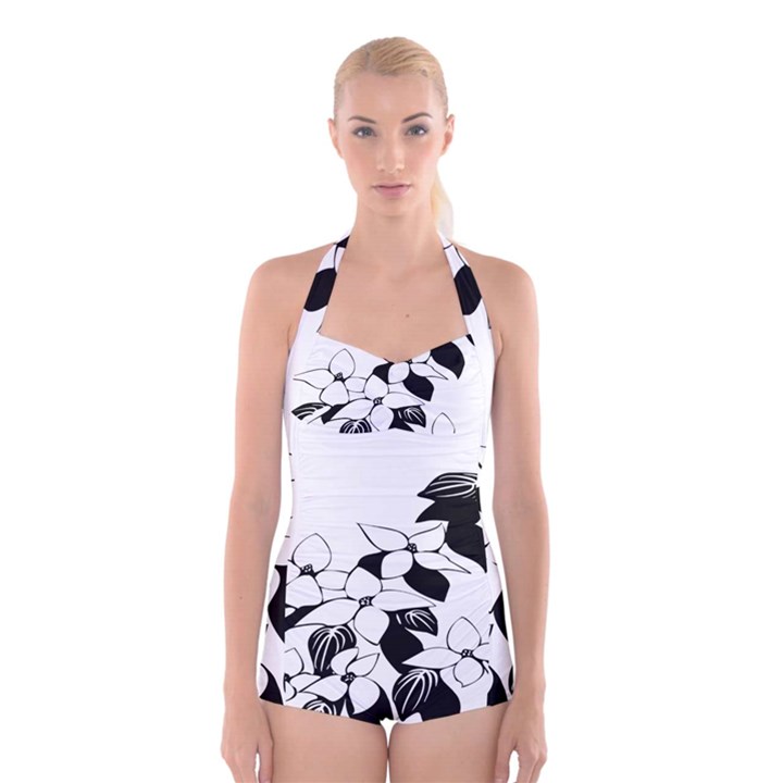 Ecological Floral Flowers Leaf Boyleg Halter Swimsuit 