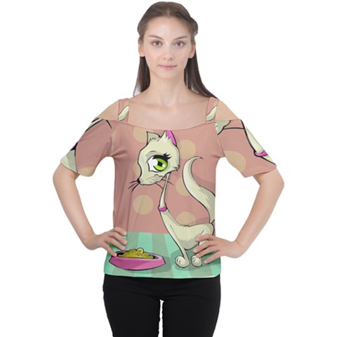 Cat Food Eating Breakfast Gourmet Cutout Shoulder Tee by Nexatart