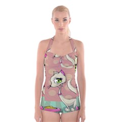 Cat Food Eating Breakfast Gourmet Boyleg Halter Swimsuit  by Nexatart