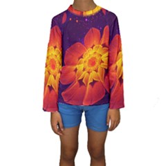 Royal Blue, Red, And Yellow Fractal Gerbera Daisy Kids  Long Sleeve Swimwear by jayaprime