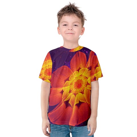 Royal Blue, Red, And Yellow Fractal Gerbera Daisy Kids  Cotton Tee by jayaprime