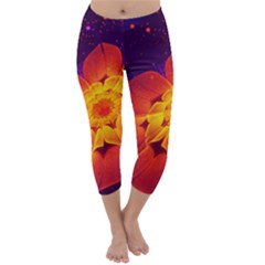 Royal Blue, Red, And Yellow Fractal Gerbera Daisy Capri Winter Leggings  by jayaprime