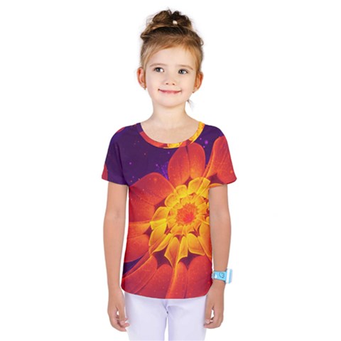 Royal Blue, Red, And Yellow Fractal Gerbera Daisy Kids  One Piece Tee by jayaprime