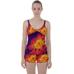 Royal Blue, Red, And Yellow Fractal Gerbera Daisy Tie Front Two Piece Tankini by jayaprime