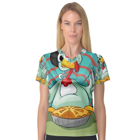 Pie Turkey Eating Fork Knife Hat V-neck Sport Mesh Tee by Nexatart