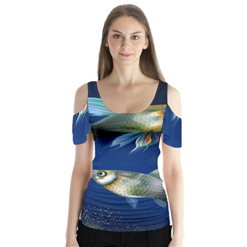 Marine Fishes Butterfly Sleeve Cutout Tee  by BangZart