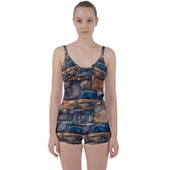 Brick Wall Pattern Tie Front Two Piece Tankini