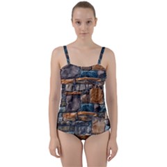 Brick Wall Pattern Twist Front Tankini Set by BangZart