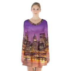 City Night Long Sleeve Velvet V-neck Dress by BangZart