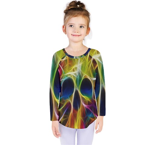 Skulls Multicolor Fractalius Colors Colorful Kids  Long Sleeve Tee by BangZart