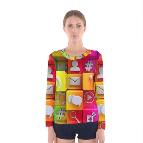 Colorful 3d Social Media Women s Long Sleeve Tee by BangZart