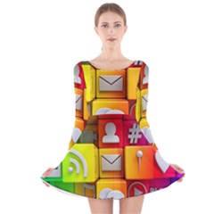 Colorful 3d Social Media Long Sleeve Velvet Skater Dress by BangZart