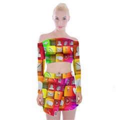 Colorful 3d Social Media Off Shoulder Top With Skirt Set by BangZart