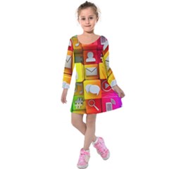 Colorful 3d Social Media Kids  Long Sleeve Velvet Dress by BangZart