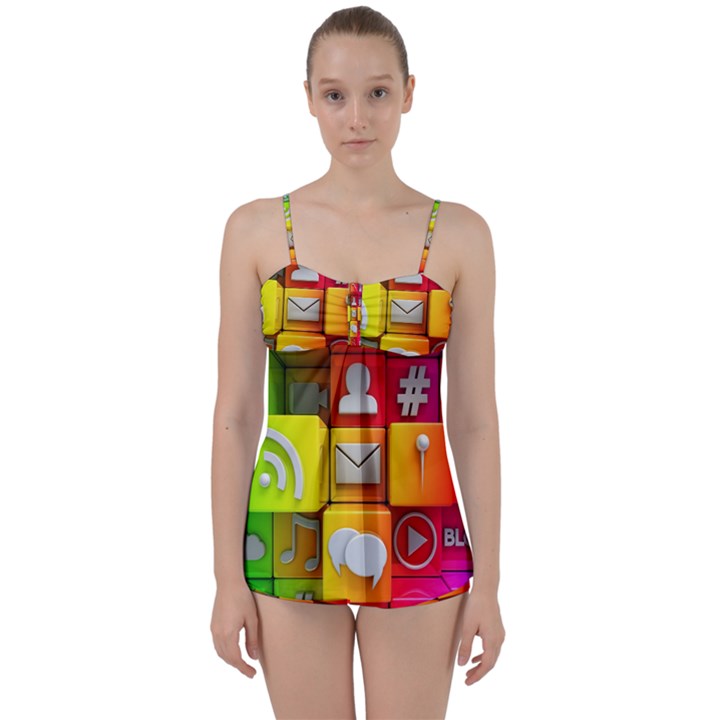 Colorful 3d Social Media Babydoll Tankini Set