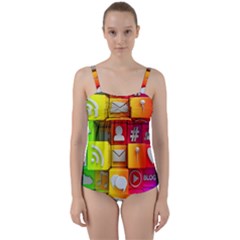 Colorful 3d Social Media Twist Front Tankini Set