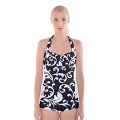 Vector Classicaltr Aditional Black And White Floral Patterns Boyleg Halter Swimsuit  by BangZart