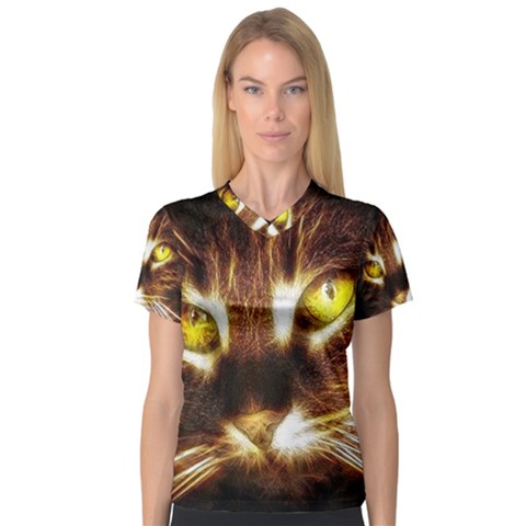 Cat Face V-neck Sport Mesh Tee by BangZart