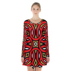 Traditional Art Pattern Long Sleeve Velvet V-neck Dress by BangZart