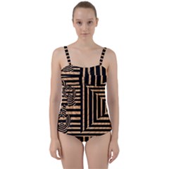 Wooden Pause Play Paws Abstract Oparton Line Roulette Spin Twist Front Tankini Set