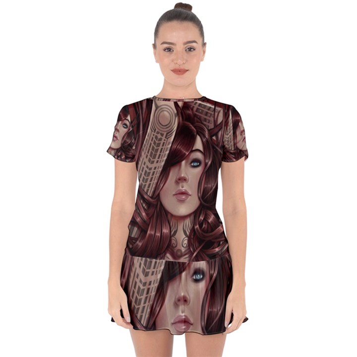 Beautiful Women Fantasy Art Drop Hem Mini Chiffon Dress