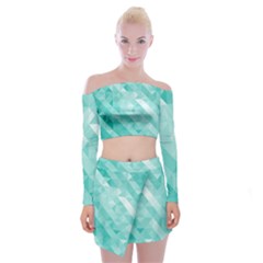 Bright Blue Turquoise Polygonal Background Off Shoulder Top With Skirt Set by TastefulDesigns