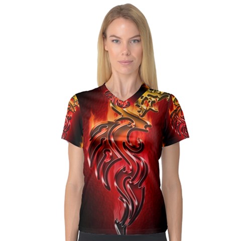 Dragon Fire V-neck Sport Mesh Tee by BangZart