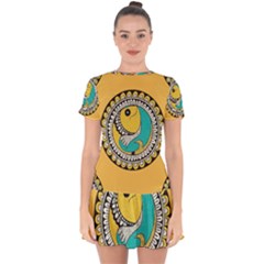 Madhubani Fish Indian Ethnic Pattern Drop Hem Mini Chiffon Dress