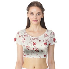 Pattern Hearts Kiss Love Lips Art Vector Short Sleeve Crop Top (tight Fit) by BangZart