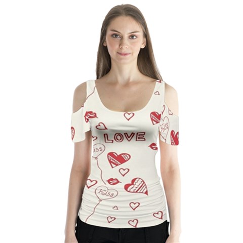 Pattern Hearts Kiss Love Lips Art Vector Butterfly Sleeve Cutout Tee  by BangZart