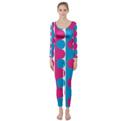 Pink And Bluedots Pattern Long Sleeve Catsuit