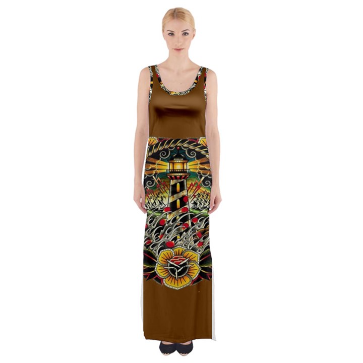 Tattoo Art Print Traditional Artwork Lighthouse Wave Maxi Thigh Split Dress