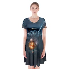 Owl And Fire Ball Short Sleeve V-neck Flare Dress by BangZart