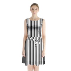 Barcode Pattern Sleeveless Waist Tie Chiffon Dress