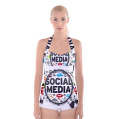 Social Media Computer Internet Typography Text Poster Boyleg Halter Swimsuit  by BangZart