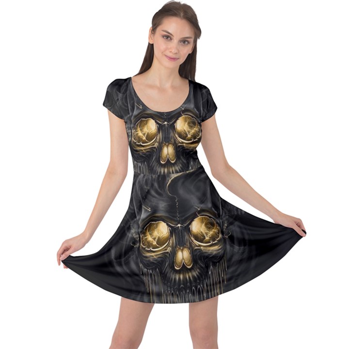 Art Fiction Black Skeletons Skull Smoke Cap Sleeve Dresses