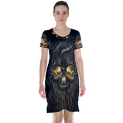 Art Fiction Black Skeletons Skull Smoke Short Sleeve Nightdress by BangZart