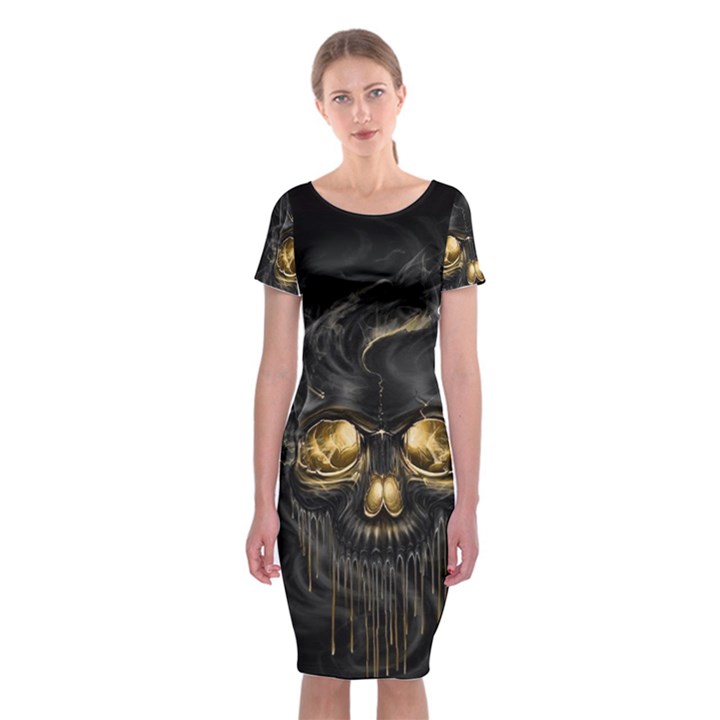 Art Fiction Black Skeletons Skull Smoke Classic Short Sleeve Midi Dress