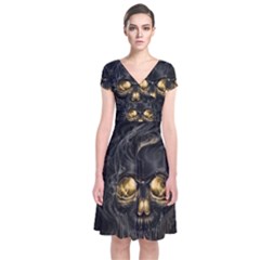 Art Fiction Black Skeletons Skull Smoke Short Sleeve Front Wrap Dress by BangZart