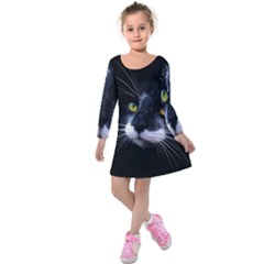 Face Black Cat Kids  Long Sleeve Velvet Dress by BangZart