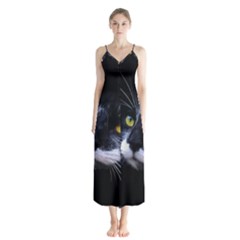 Face Black Cat Button Up Chiffon Maxi Dress