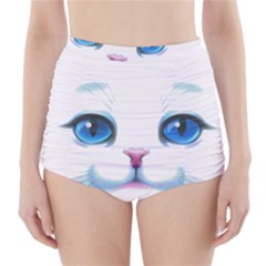 Cute White Cat Blue Eyes Face High-waisted Bikini Bottoms by BangZart