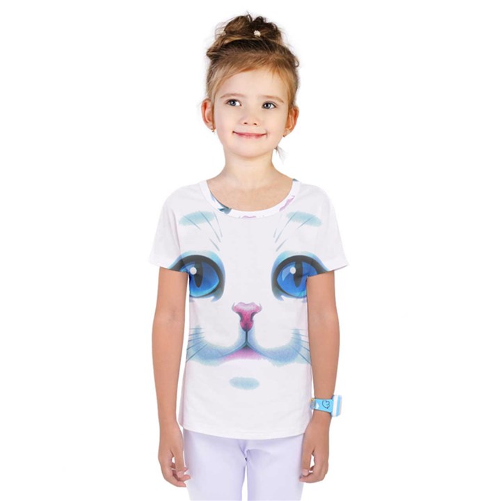 Cute White Cat Blue Eyes Face Kids  One Piece Tee